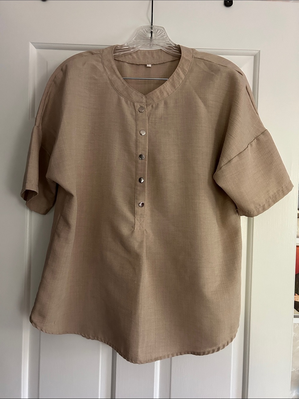 Beige Short-Sleeve Button Front Tunic Sweater